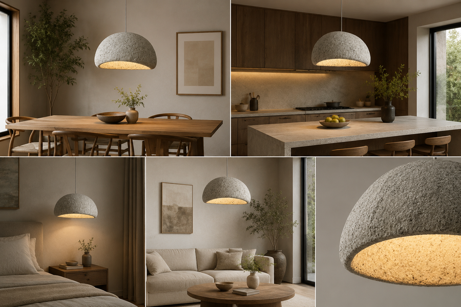 Modern Textured Dome Pendant Light for Dining Room, Kitchen Island & Living Space | E-27 Holder | Adjustable Hanging Light | Stone Finish Ceiling Lamp
