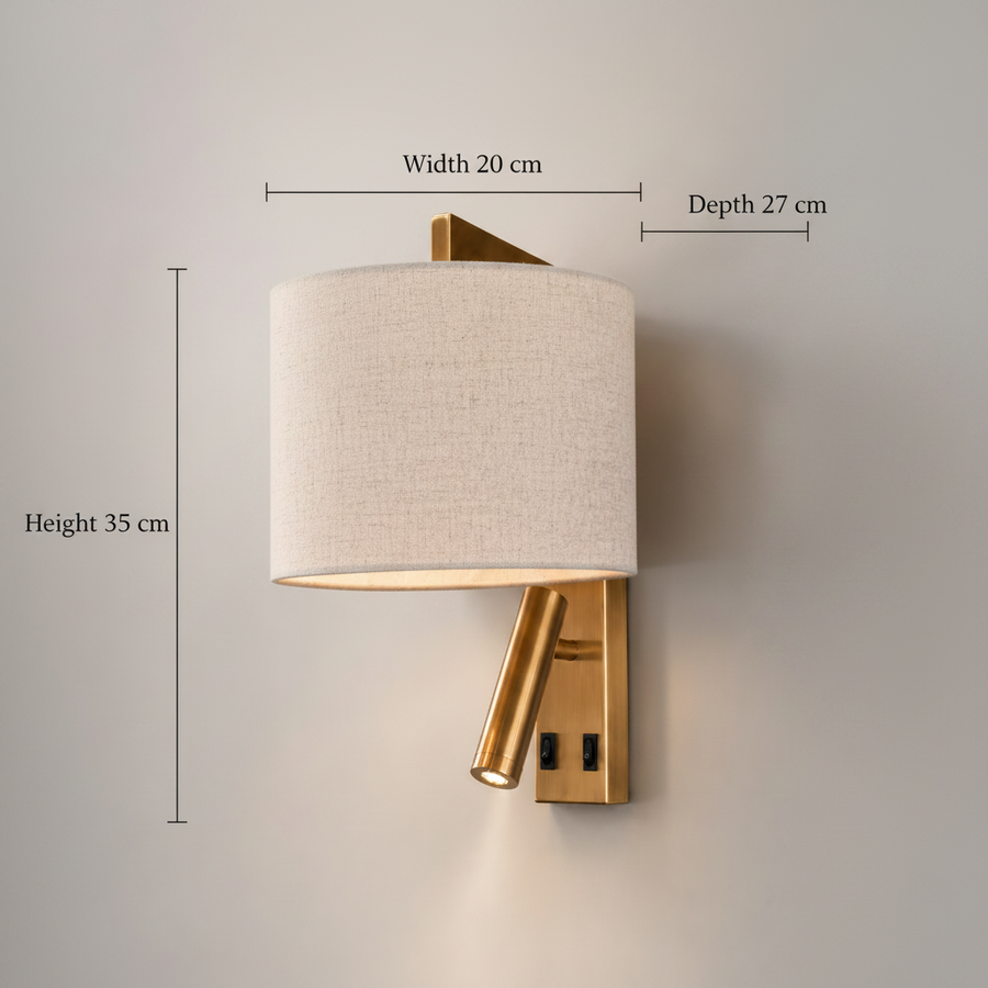 Modern Brass Wall Light with LED Reading Lamp & Linen Shade