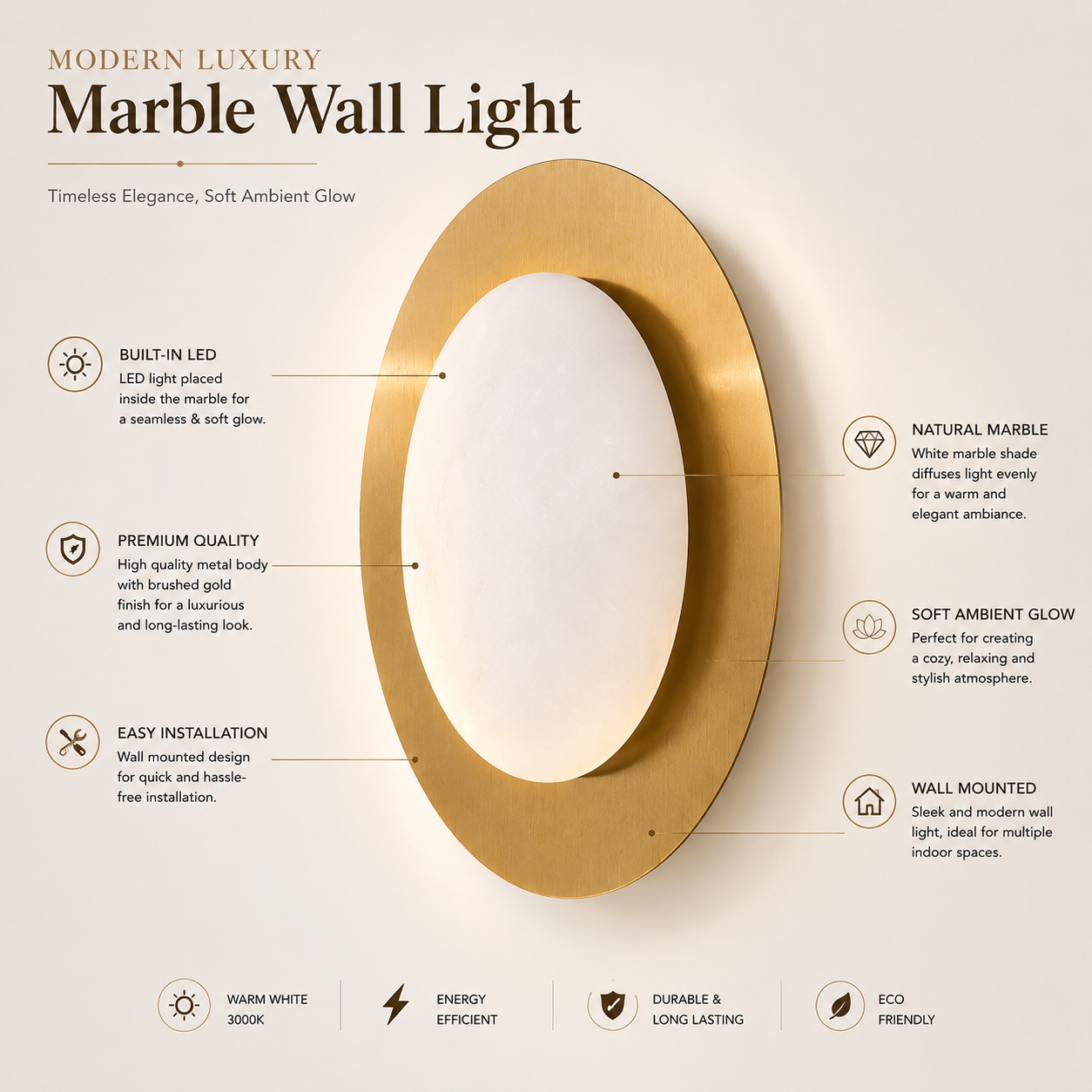 Modern Oval Marble Wall Light with Built-in LED | Brushed Gold Finish Decorative Wall Lamp