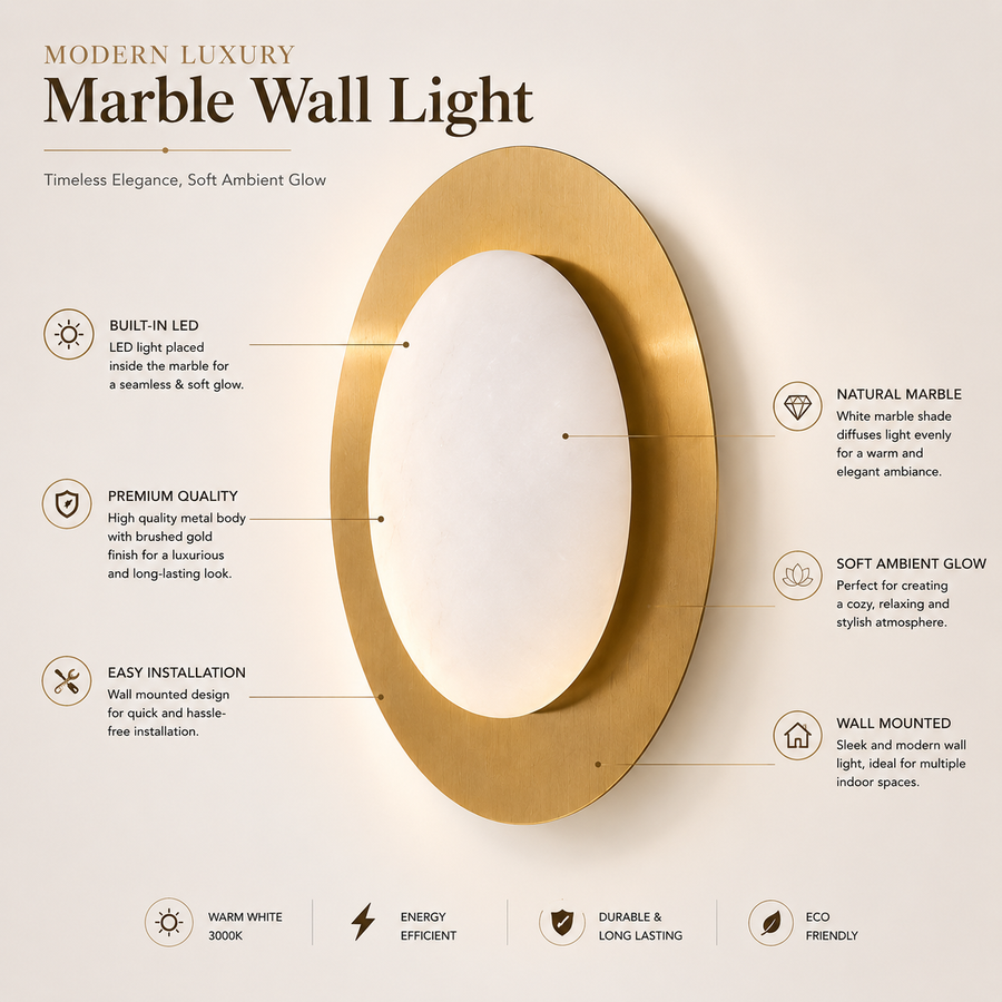Modern Oval Marble Wall Light with Built-in LED | Brushed Gold Finish Decorative Wall Lamp