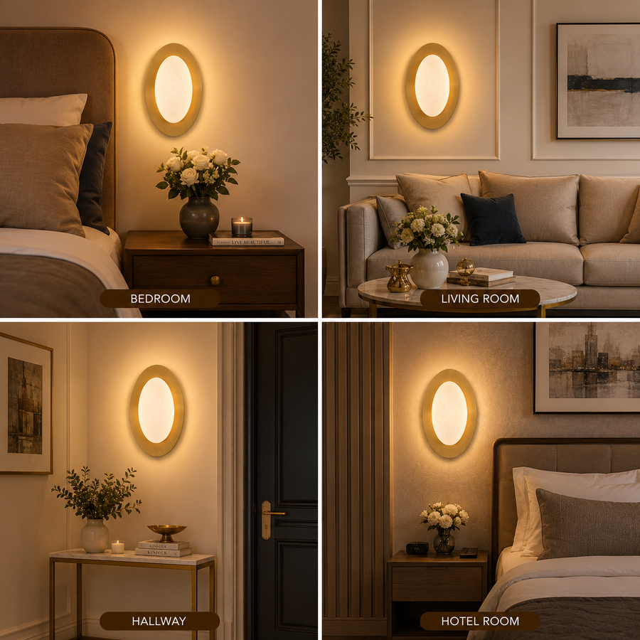 Modern Oval Marble Wall Light with Built-in LED | Brushed Gold Finish Decorative Wall Lamp
