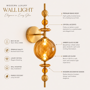 Luxury Amber Glass Wall Light with Crystal Accents | Modern Decorative Wall Lamp
