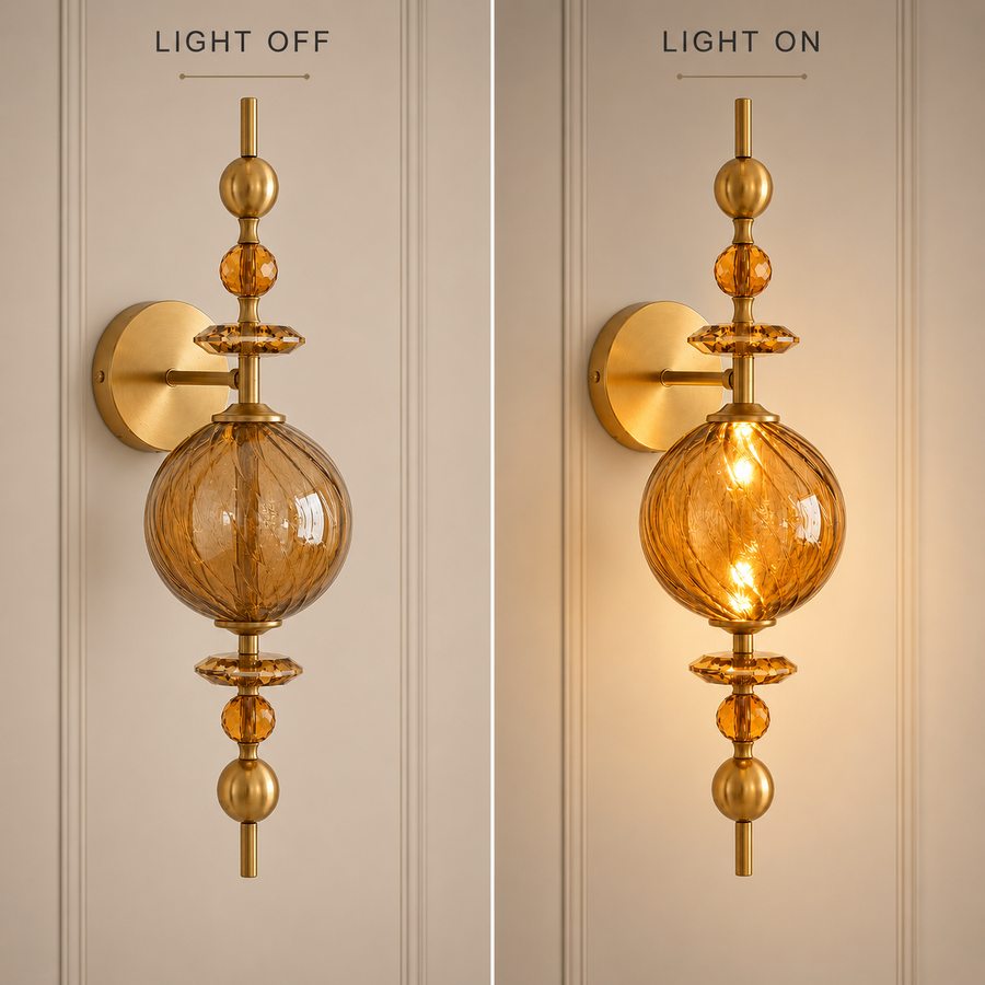 Luxury Amber Glass Wall Light with Crystal Accents | Modern Decorative Wall Lamp