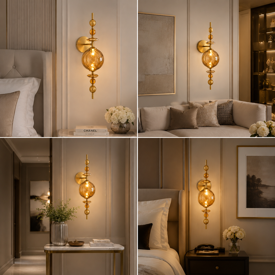Luxury Amber Glass Wall Light with Crystal Accents | Modern Decorative Wall Lamp