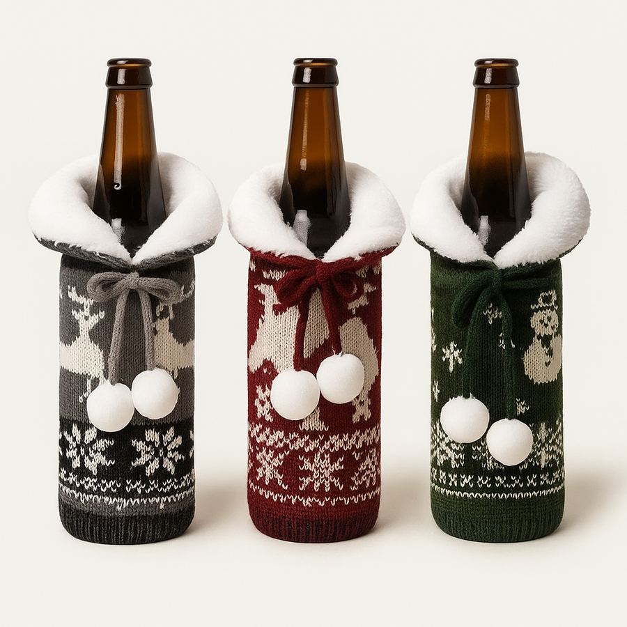 Coral Tree Woolen Christmas Wine Bottle Covers – Reindeer, Snowflake & Snowman
