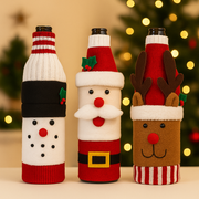 Coral Tree Christmas Wine Bottle Covers – Santa, Snowman & Reindeer Knitted Gift Wraps