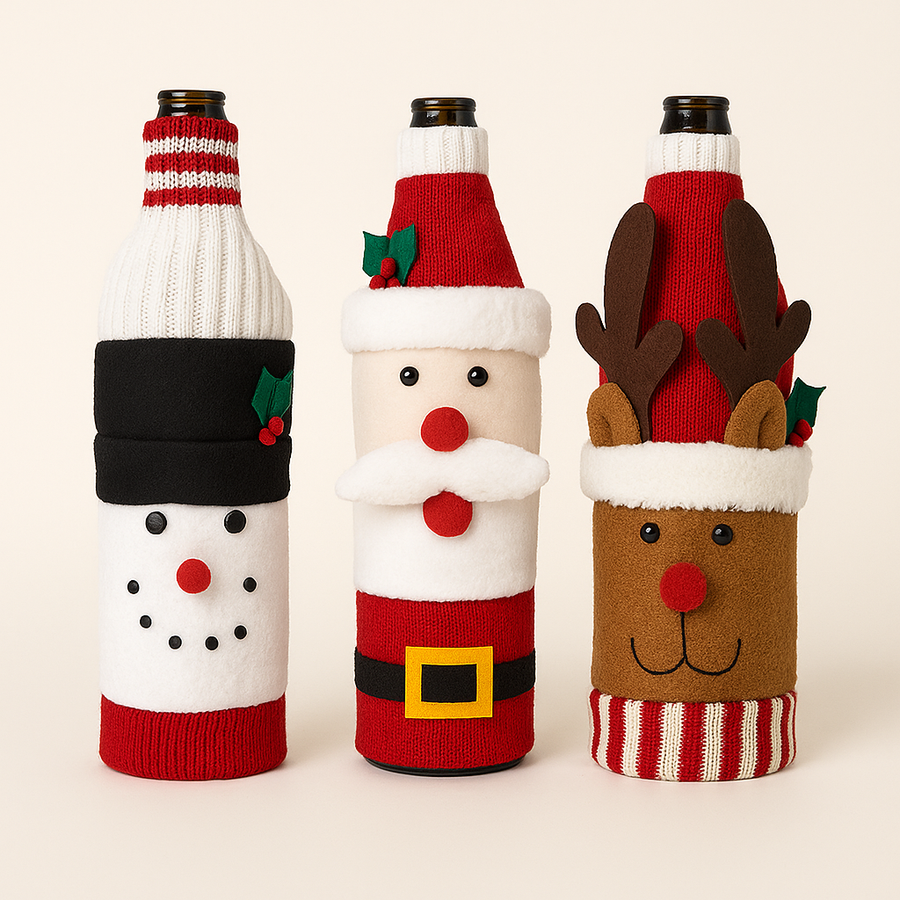 Coral Tree Christmas Wine Bottle Covers – Santa, Snowman & Reindeer Knitted Gift Wraps