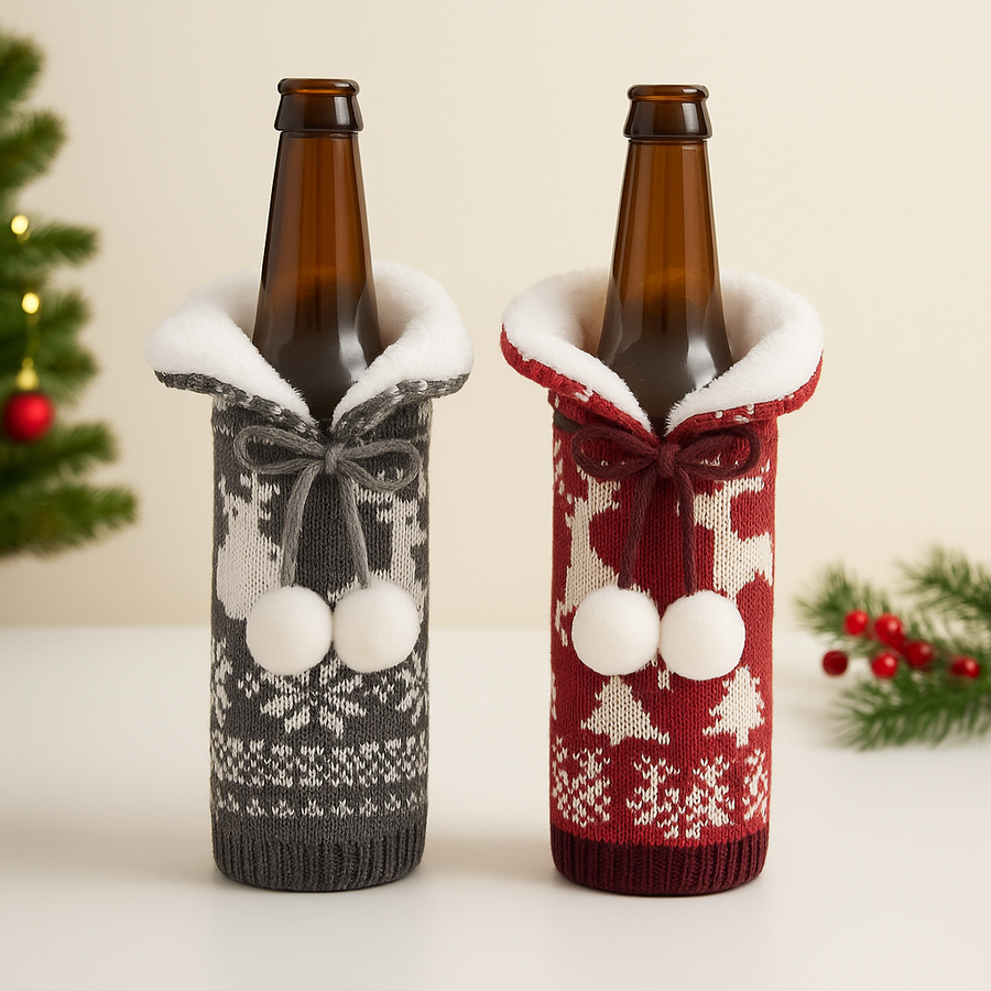 Coral Tree Woolen Christmas Wine Bottle Covers – Reindeer, Snowflake & Snowman