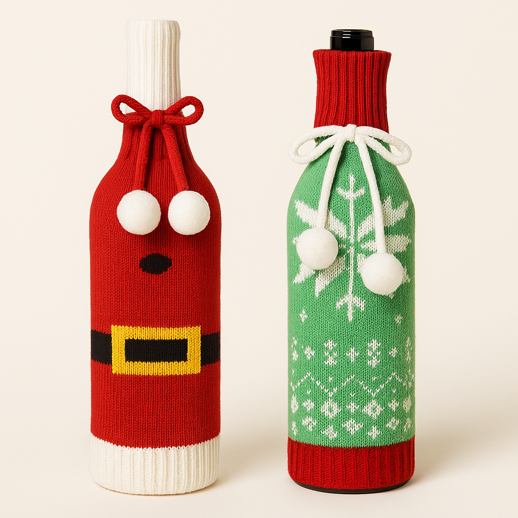 Coral Tree Woolen Christmas Wine Covers – Santa, Snowflake & Reindeer Design