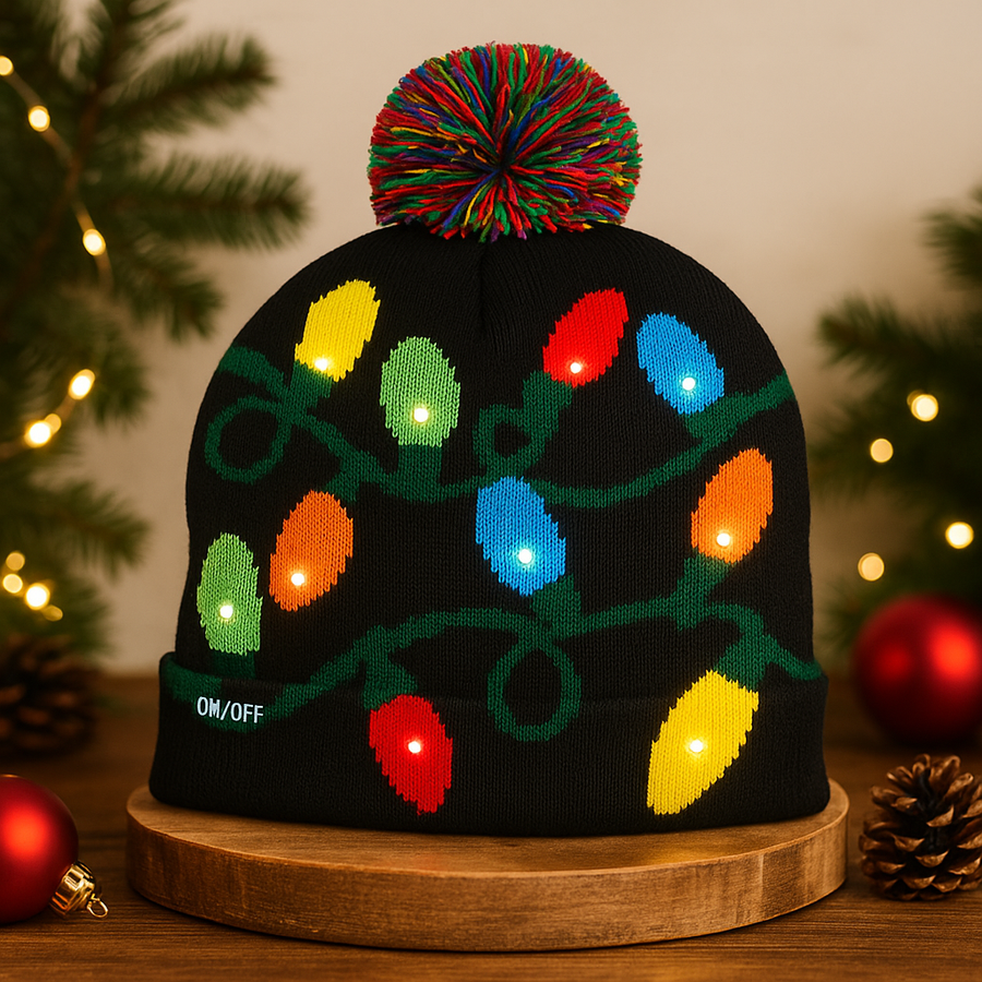 LED Christmas Woolen Beanie Cap with 5 White Lights – Free Size, Soft Knit Material, Multiple Light Transitions – Perfect Winter & Festive Wear for All Age Groups