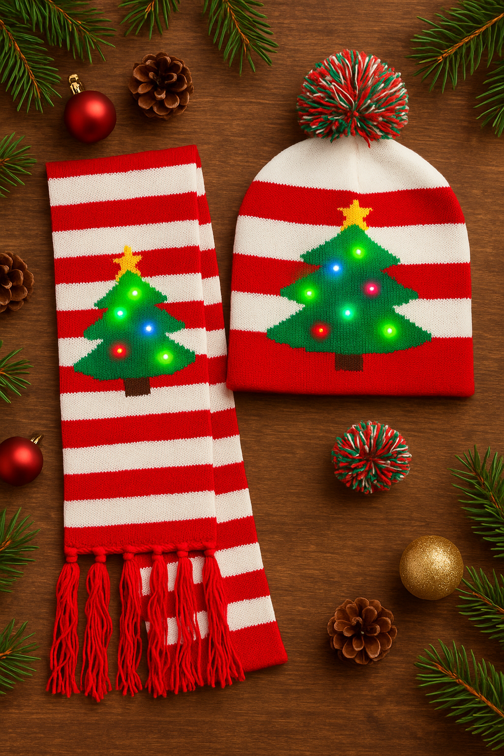 Christmas LED Hat & Muffler Set – Soft Knitted Winter Wear with 3-Mode Flashing Lights | Warm, Stylish & Festive Holiday Accessory Pack