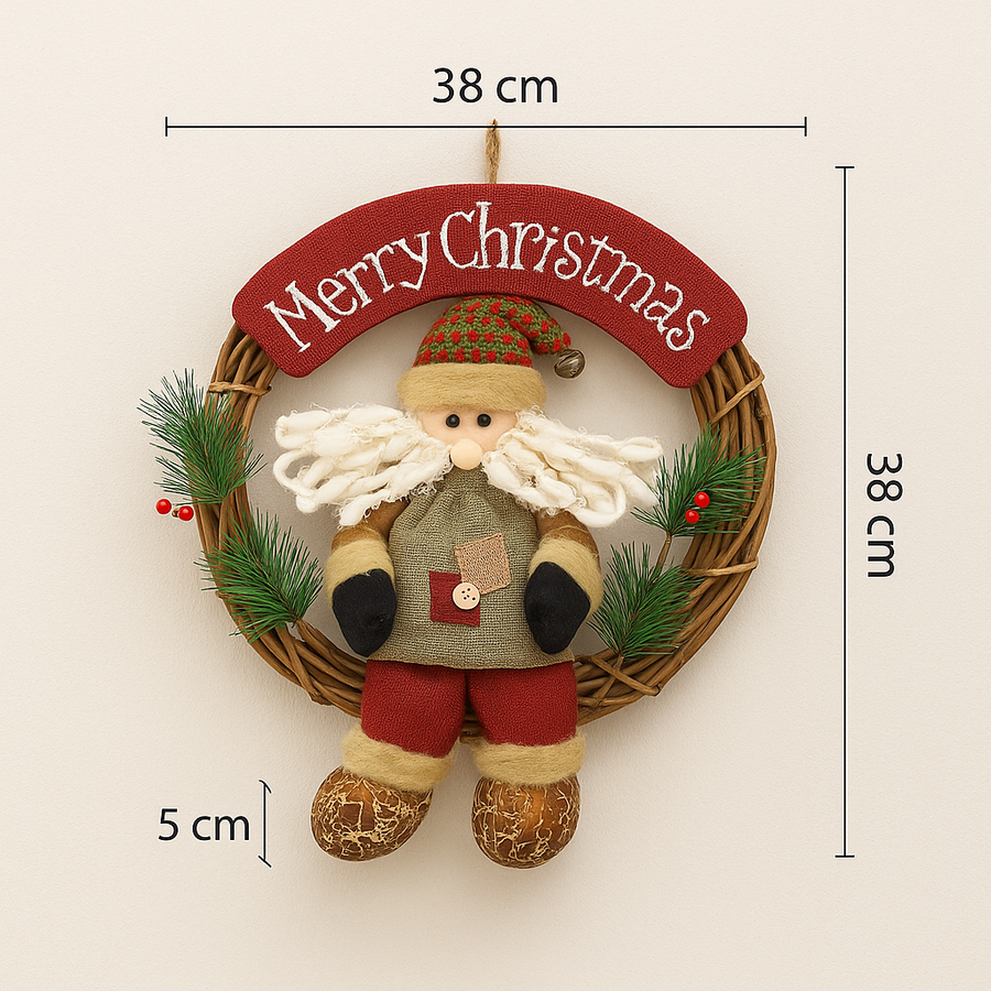 Coral Tree “Merry Christmas” Santa Hanging Wreath – 38 CM Round Wooden Ring | Handmade Christmas Door & Wall Decoration | Rustic Santa with Puffy Beard, Pine Leaves & Rope Hanger | Festive Home Décor