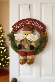 Coral Tree “Merry Christmas” Santa Hanging Wreath – 38 CM Round Wooden Ring | Handmade Christmas Door & Wall Decoration | Rustic Santa with Puffy Beard, Pine Leaves & Rope Hanger | Festive Home Décor