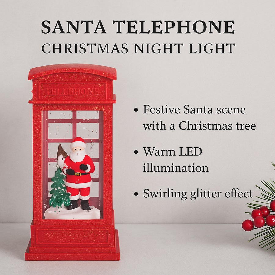 Coral Tree Red Santa Telephone Booth Christmas Night Lamp – Glitter Light Decoration with LED Glow & Pre-Installed Battery