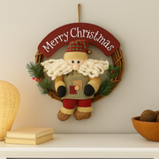 Coral Tree “Merry Christmas” Santa Hanging Wreath – 38 CM Round Wooden Ring | Handmade Christmas Door & Wall Decoration | Rustic Santa with Puffy Beard, Pine Leaves & Rope Hanger | Festive Home Décor