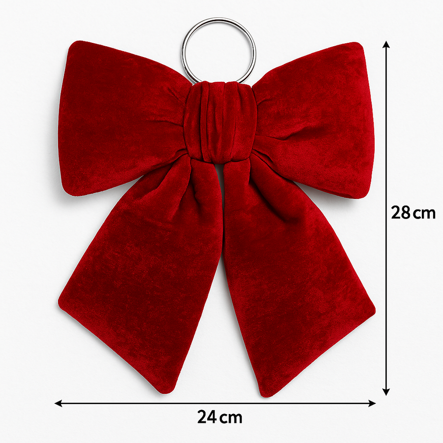 CORAL TREE Premium Red Velvet Hanging Christmas Bow for Door & Tree – 25×30 cm Large Decorative Ribbon with Silver Ring – Holiday Home Décor Ornament