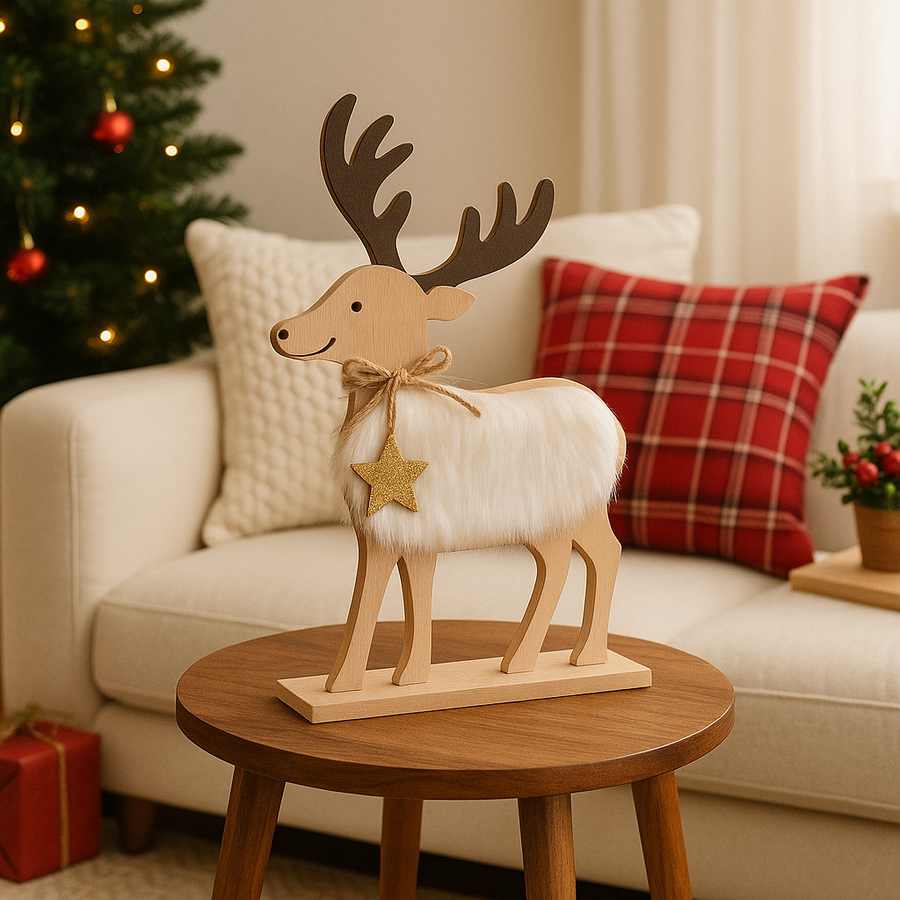 CORAL TREE Wooden Christmas Reindeer Table Decor with White Faux Fur | 30 cm Height | Natural Wood Finish | Festive Home & Office Decoration