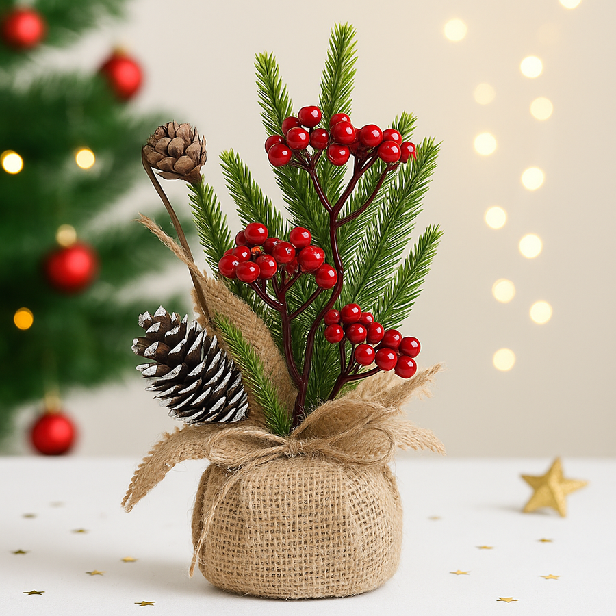 Christmas Table Decoration with Pinecones, Red Berries & Faux Greenery | Rustic Burlap Base | 27 cm Height – Festive Home & Office Décor