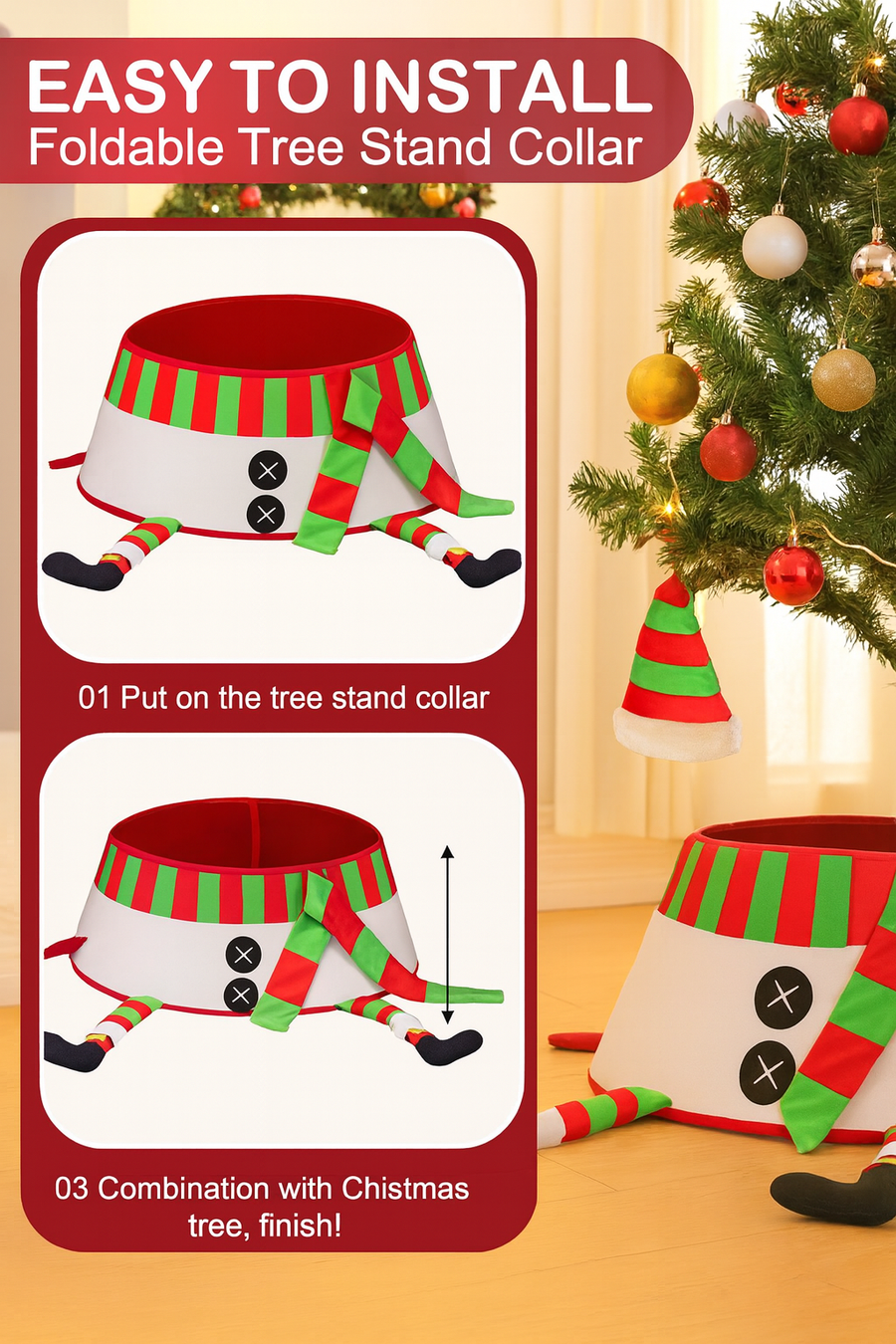 Coral Tree Elf Legs Christmas Tree Collar – Funny Foldable Tree Stand Skirt, 56 cm Base, Festive Holiday Decoration