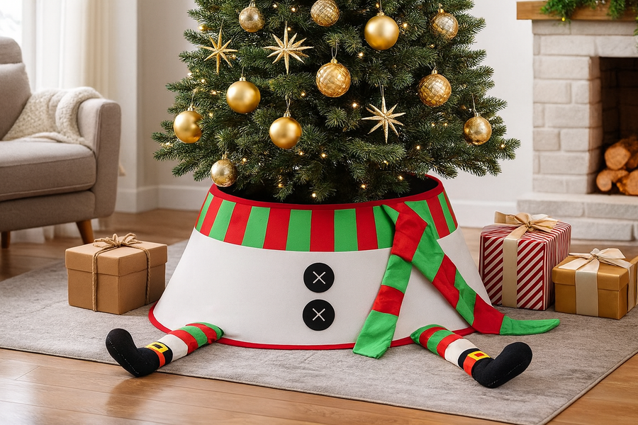 Coral Tree Elf Legs Christmas Tree Collar – Funny Foldable Tree Stand Skirt, 56 cm Base, Festive Holiday Decoration