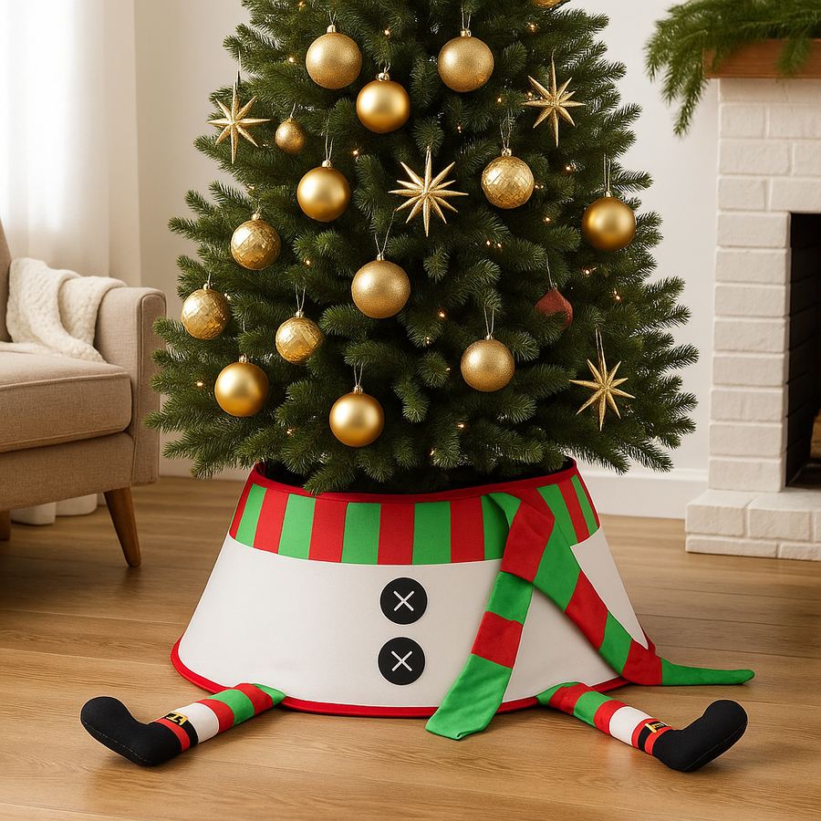 Coral Tree Elf Legs Christmas Tree Collar – Funny Foldable Tree Stand Skirt, 56 cm Base, Festive Holiday Decoration