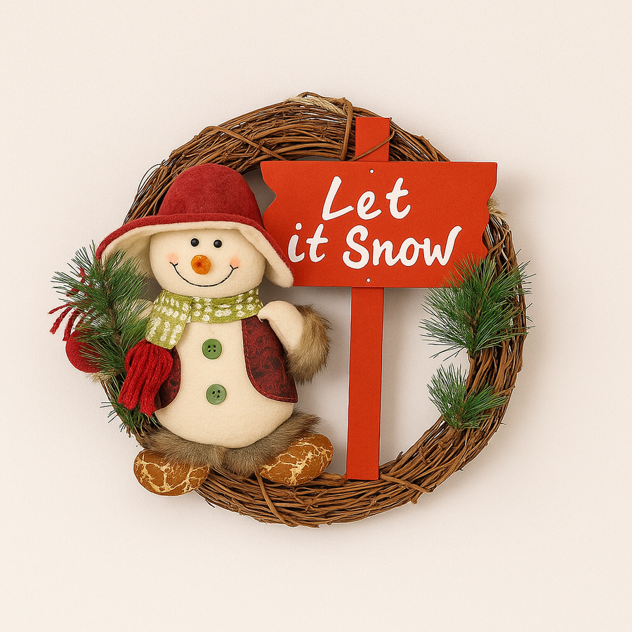 Coral Tree “Let It Snow” Christmas Wreath with Adorable Snowman  Handmade Natural Wooden Ring with plush snowman