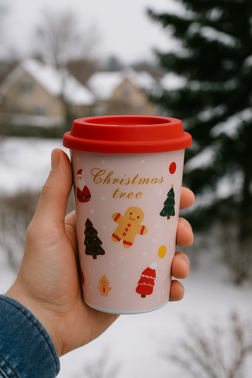 Christmas Ceramic Mug with Red Silicone Lid – 400 ml Coffee & Tea Cup