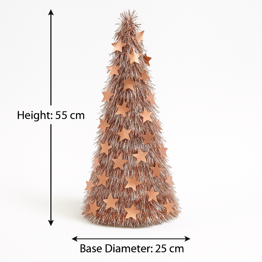 Set of 2 Rose-Gold Star Tinsel Christmas Cones – 55 cm Height,
