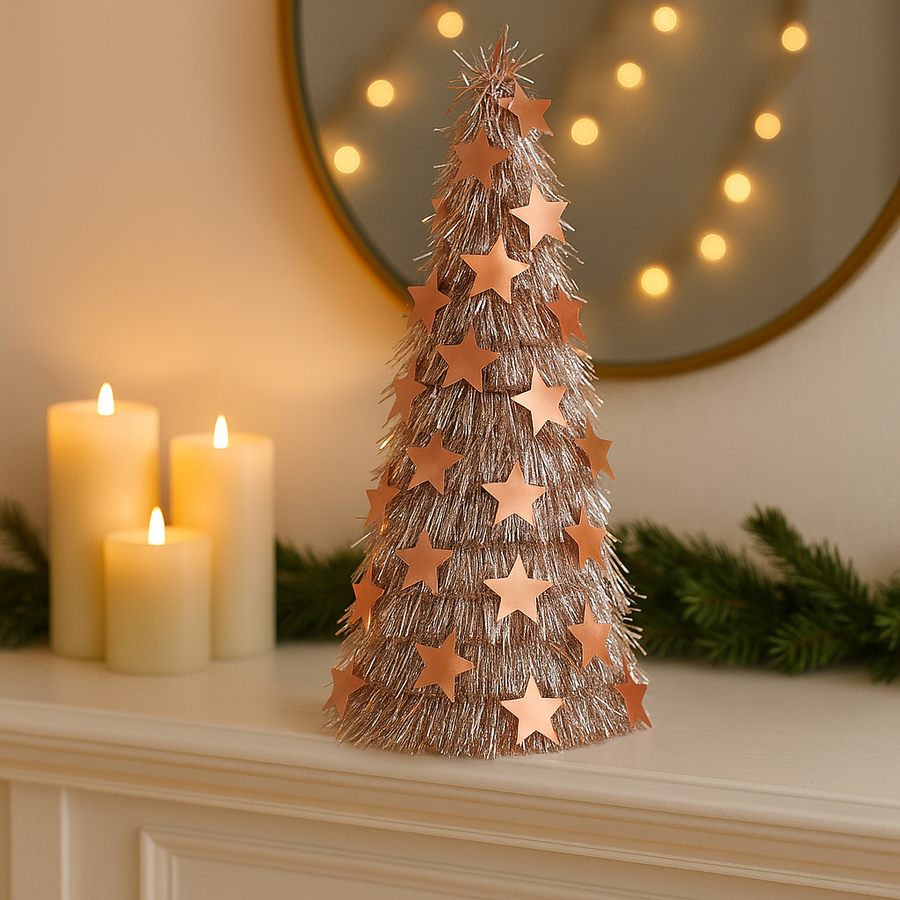 Set of 2 Rose-Gold Star Tinsel Christmas Cones – 55 cm Height,