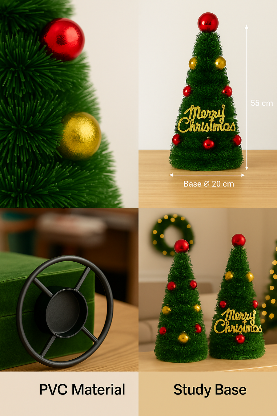 Set of 2 Green Tinsel Christmas Cones – 55 cm Height, 20 cm Base – PVC Evergreen Look with Red & Gold Baubles,