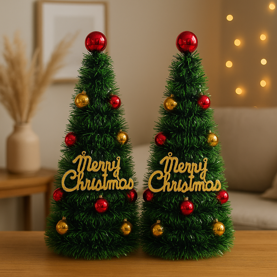 Set of 2 Green Tinsel Christmas Cones – 55 cm Height, 20 cm Base – PVC Evergreen Look with Red & Gold Baubles,