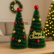 Set of 2 Green Tinsel Christmas Cones – 55 cm Height, 20 cm Base – PVC Evergreen Look with Red & Gold Baubles,