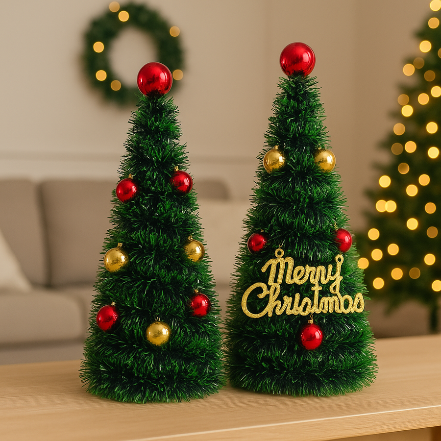 Set of 2 Green Tinsel Christmas Cones – 55 cm Height, 20 cm Base – PVC Evergreen Look with Red & Gold Baubles,