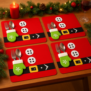 Coral Tree Christmas Santa Suit Placemats with Green Glove Cutlery Holder – Set of 4