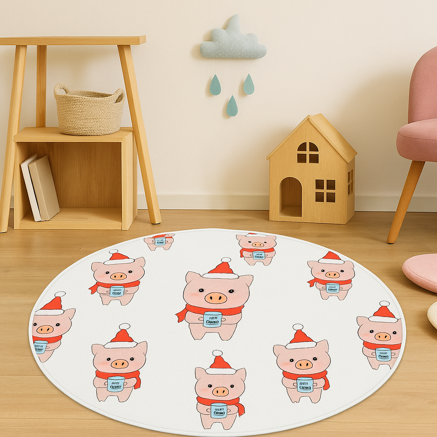 Coral Tree Christmas Piglet Round Mat – 80 CM Diameter | Soft Velvet Touch Kids Room Rug |