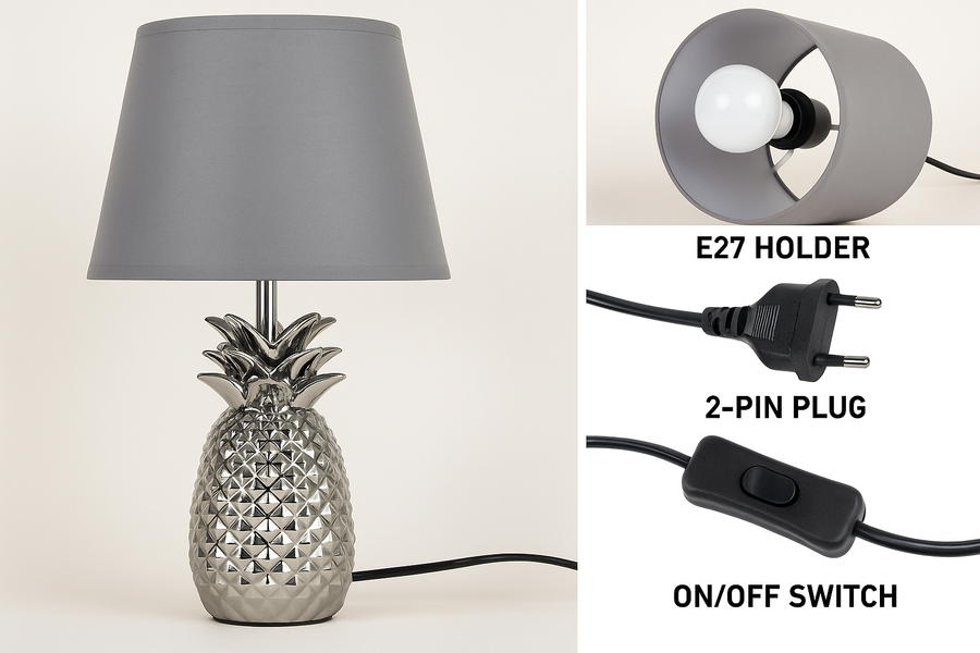 Coral Tree Silver Pineapple Table Lamp with Grey Fabric Shade
