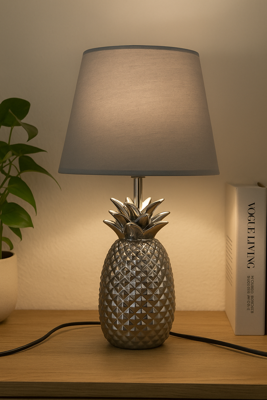 Coral Tree Silver Pineapple Table Lamp with Grey Fabric Shade