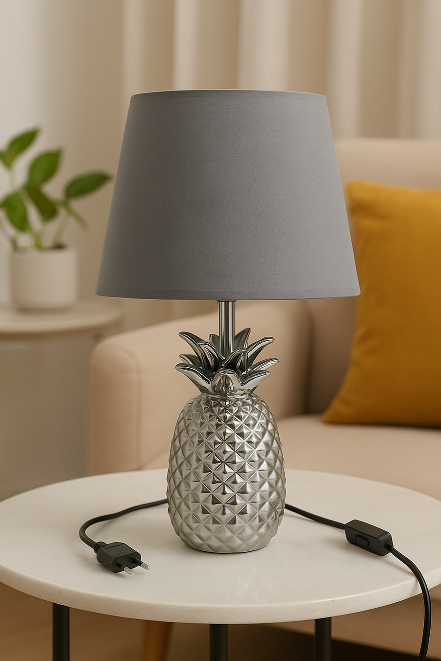 Coral Tree Silver Pineapple Table Lamp with Grey Fabric Shade