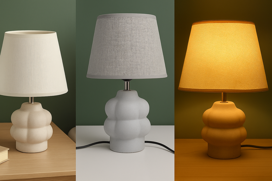 Modern Grey Table Lamp with Fabric Shade Concrete Texture Resin Base