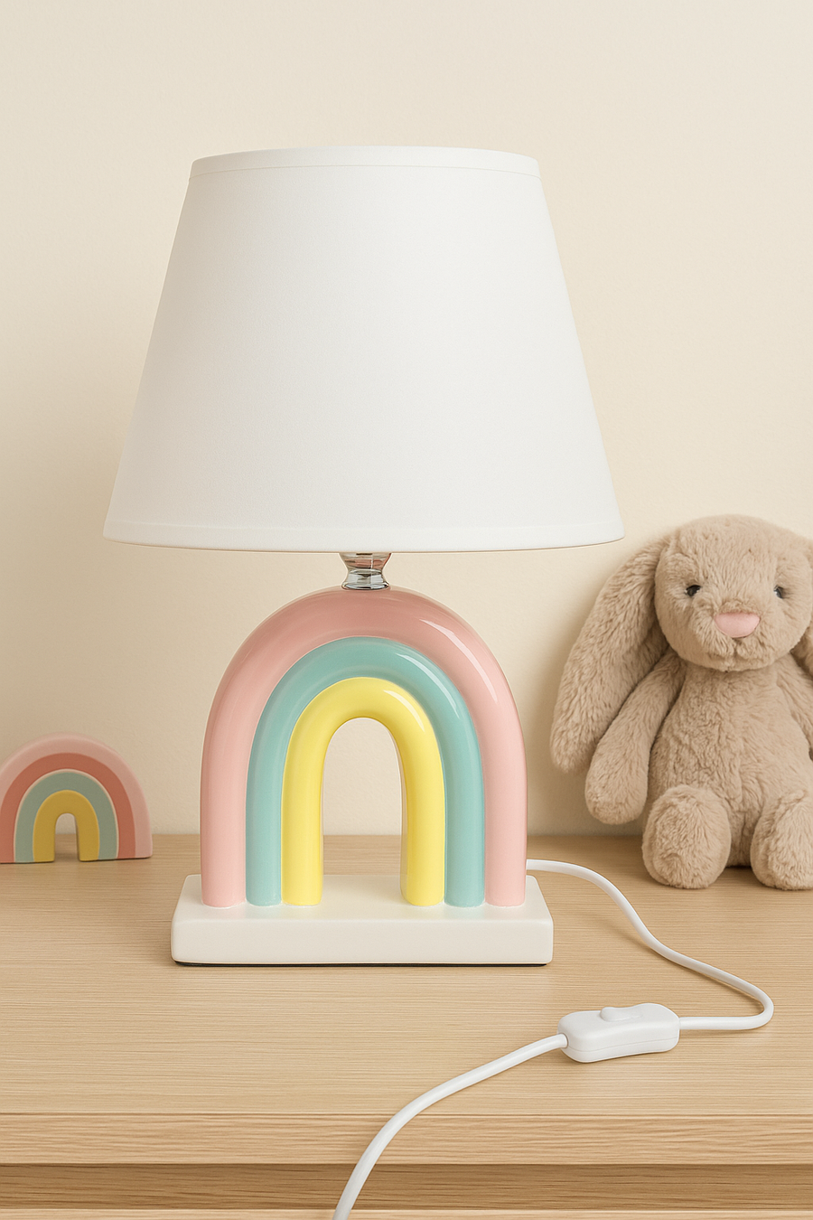 Pastel Rainbow Ceramic Table Lamp – Cute Bedside Lamp for Kids’ Room & Nursery