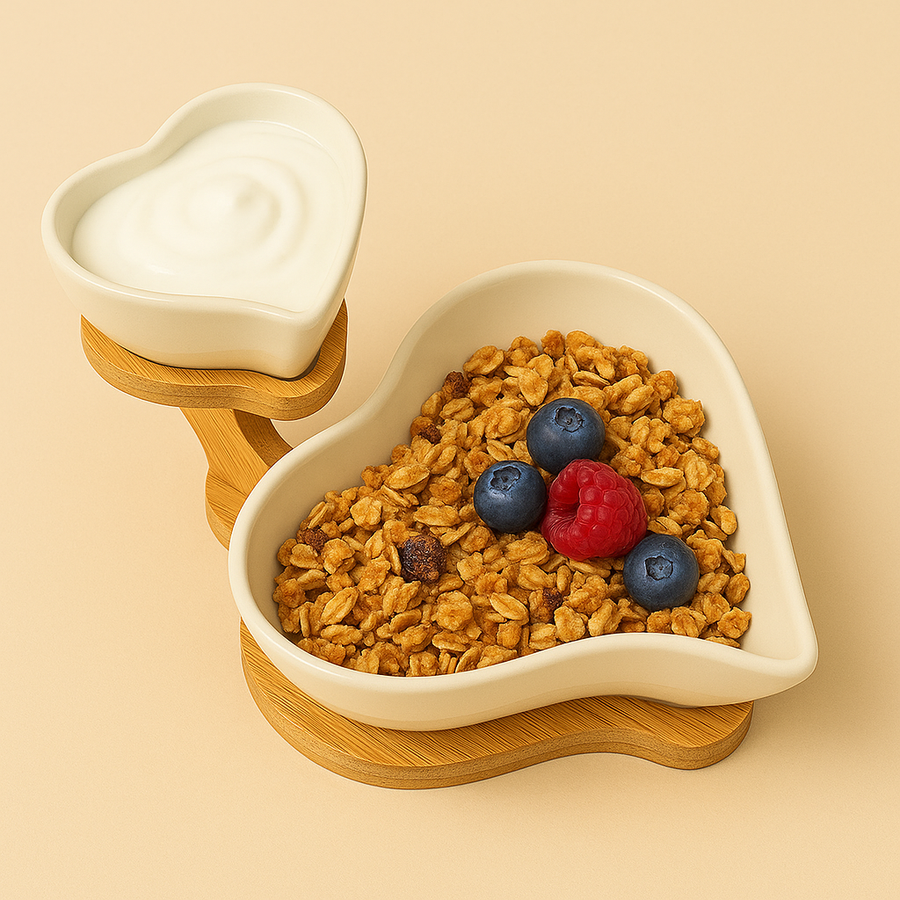 Heart Shaped Ceramic Bowl Set with Wooden Stand