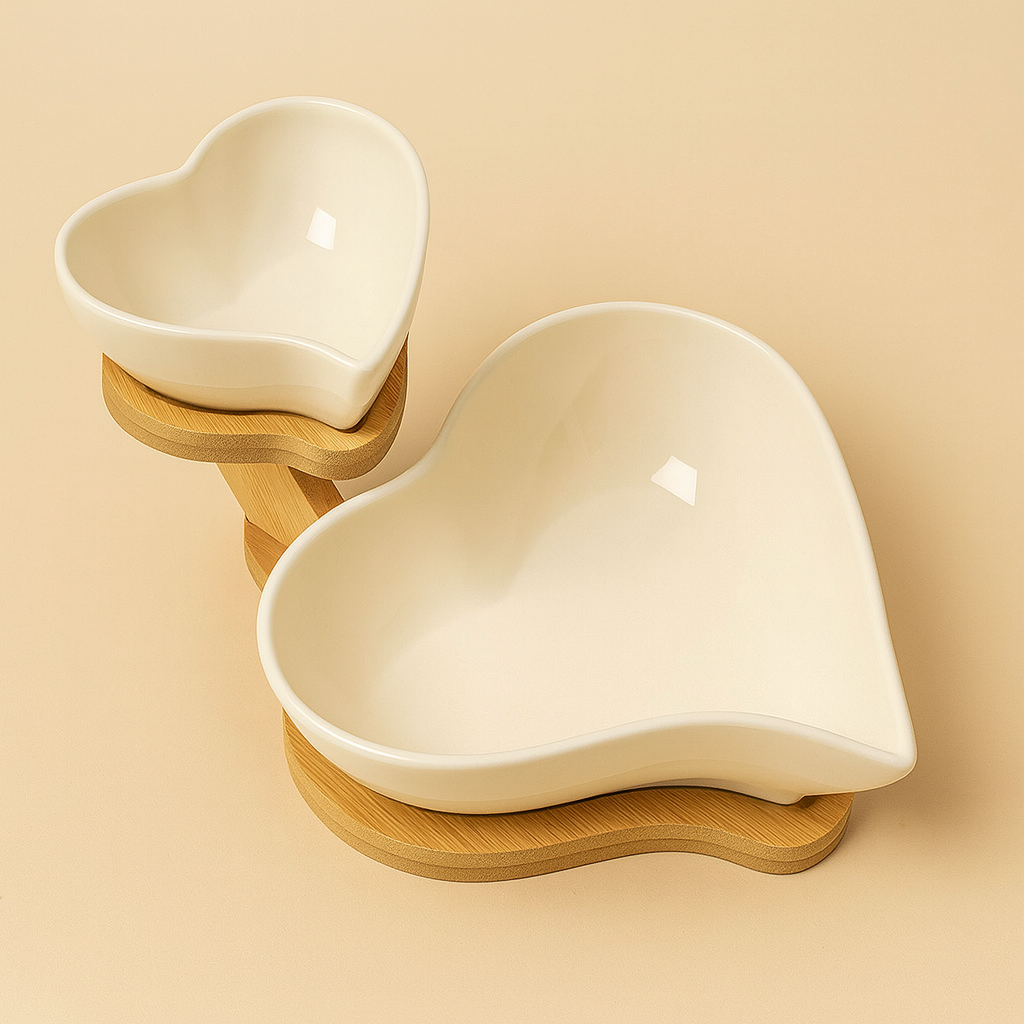 Heart Shaped Ceramic Bowl Set with Wooden Stand