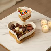 Heart Shaped Ceramic Bowl Set with Wooden Stand