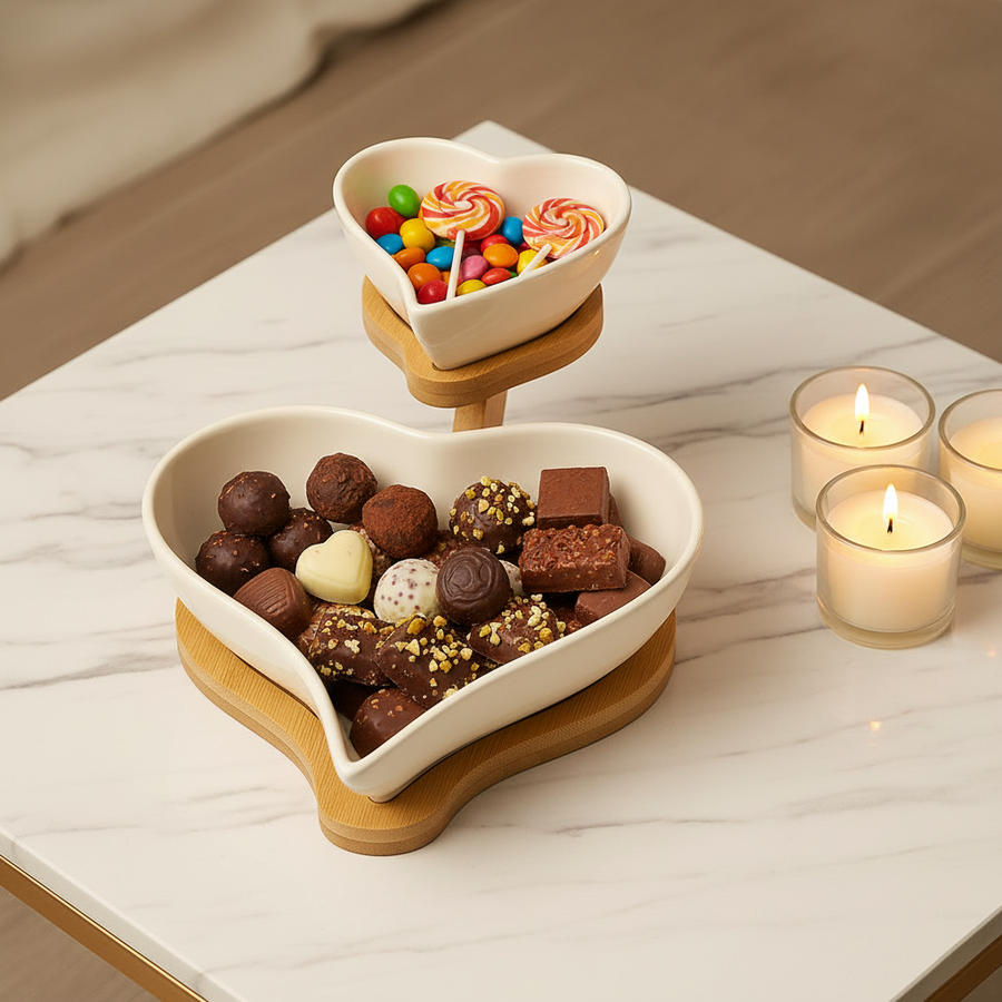 Heart Shaped Ceramic Bowl Set with Wooden Stand – Coral Tree