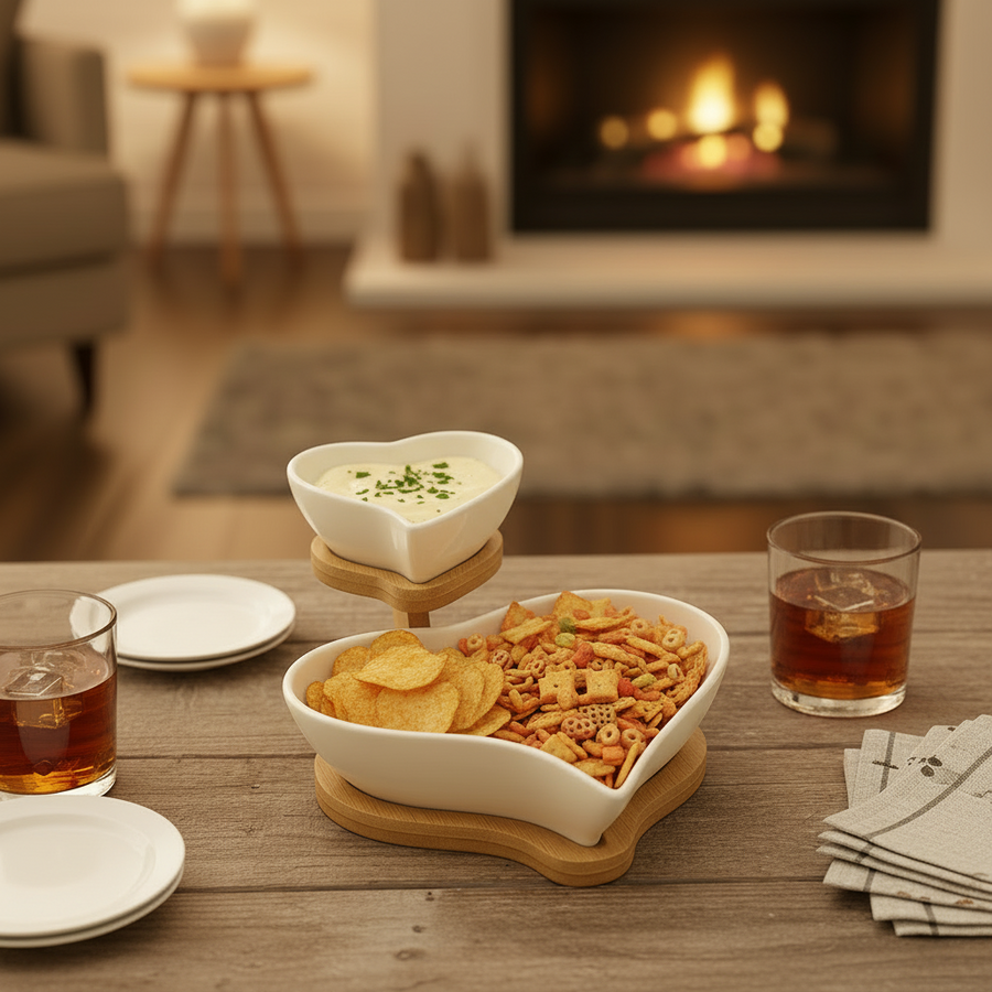 Heart Shaped Ceramic Bowl Set with Wooden Stand