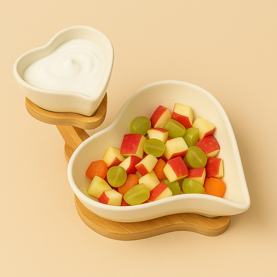Heart Shaped Ceramic Bowl Set with Wooden Stand