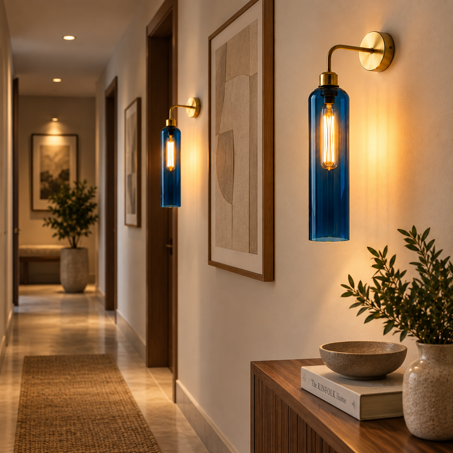 Modern Brass Wall Light with Blue Glass | T30 Tube Bulb | H56 × W10 × D21 cm
