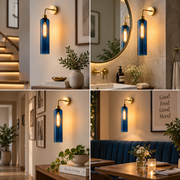 Modern Brass Wall Light with Blue Glass | T30 Tube Bulb | H56 × W10 × D21 cm