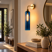 Modern Brass Wall Light with Blue Glass | T30 Tube Bulb | H56 × W10 × D21 cm