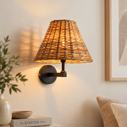 Handwoven Rattan Wall Light – Matte Black Metal Arm – E14 Holder – Warm Decorative Bedside Wall Lamp